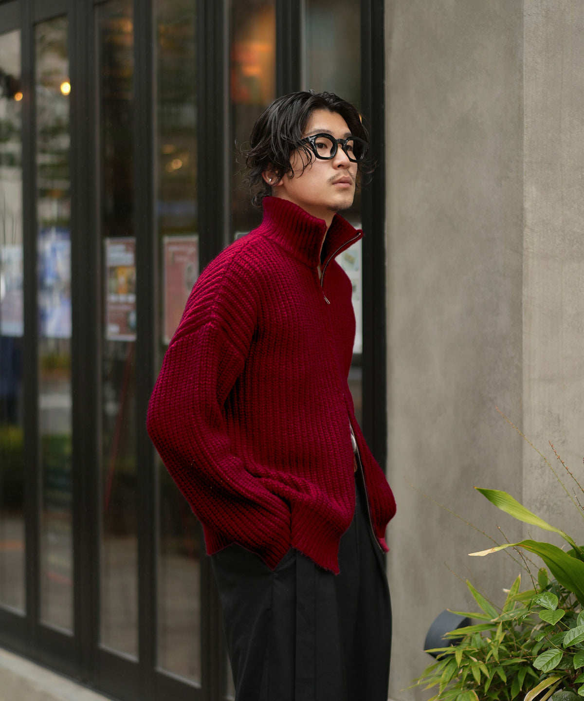 【Takeru. for BROTHERHOOD】Wool Knit Zip-Up Jacket-Deep BORDEAUX-